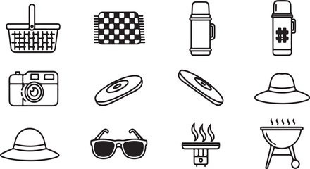 Assorted icons representing various outdoor and travel items Vector