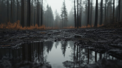 Fototapeta premium Gloomy forest path with puddles reflecting dark pine trees on a foggy day