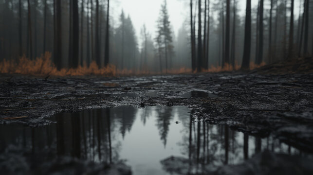 Gloomy forest path with puddles reflecting dark pine trees on a foggy day