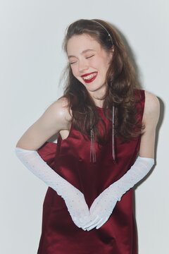 Portrait joyful woman wear fancy dress