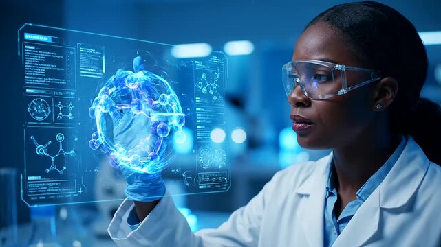 A Black female scientist utilizes advanced technology for AI Drug Discovery, meticulously examining glowing molecular structures on a futuristic augmented reality screen in a blue-lit laboratory.