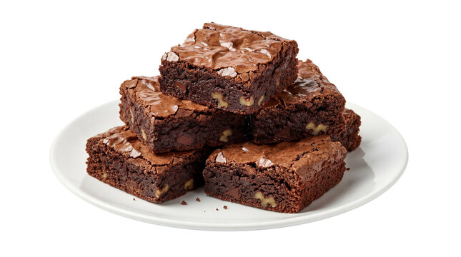 Stack of five homemade chocolate fudge brownies with walnuts and sea salt on a white plate isolated PNG with Transparent Background