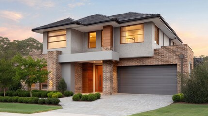 Modern suburban home exterior with sleek design, large windows, lush greenery, and inviting entrance, showcasing contemporary architecture and landscaping features