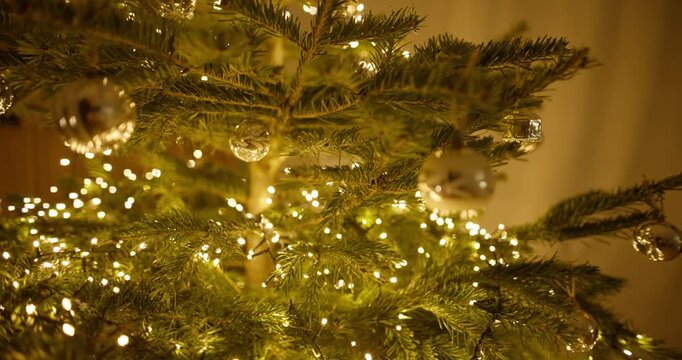 Close-up of Christmas Tree Lights and Ornaments