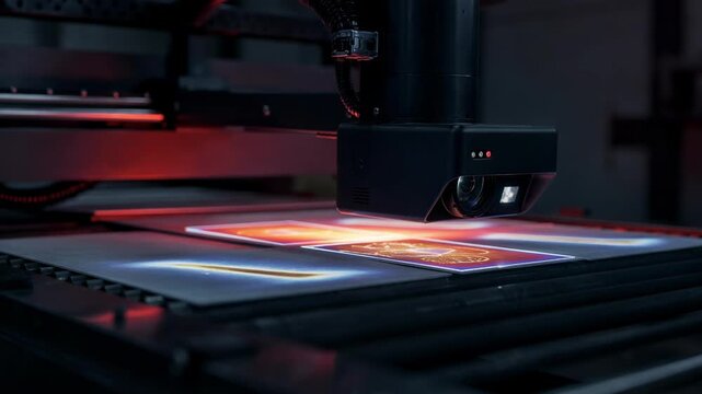 Infraredlit medium shot of AIpowered camera inspecting sheets in low light emphasizing innovative defect detection with precision thermal imaging.