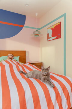 Man lounging with cat