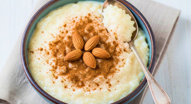 Rice pudding with cinnamon and almonds in a bowl on table  
