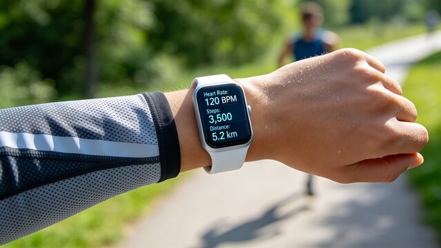 Close-up of wrist wearing fitness tracker displaying health stats during outdoor exercise.
