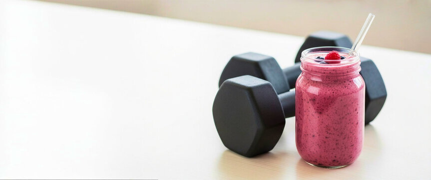 Smoothie jar beside dumbbells on a light surface for fitness  