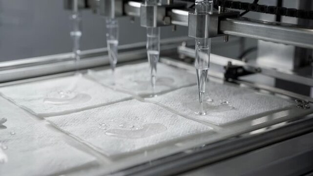 Medium shot of repeated absorbency tests on tissue samples focusing on consistent performance and machinecontrolled testing cycle.
