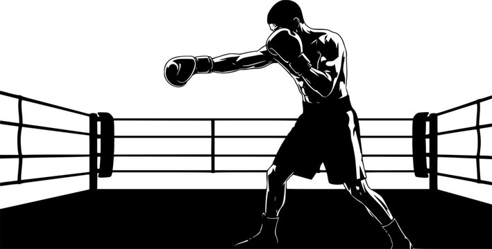 Powerful boxing match illustration black and white ink splash style, two boxers fighting in ring silhouette
