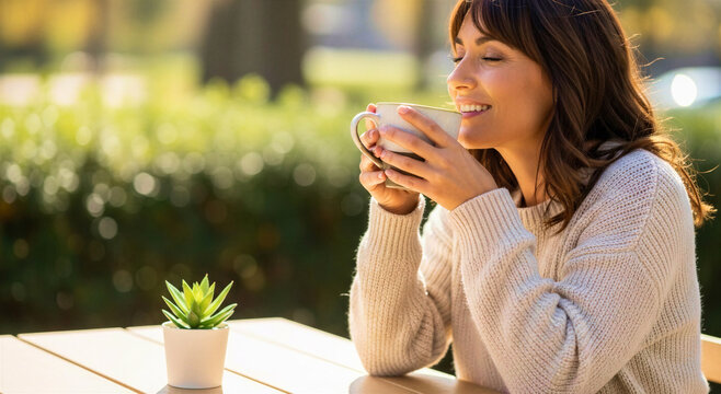 Woman drinking matcha latte outdoors while enjoying sunshine and greenery  