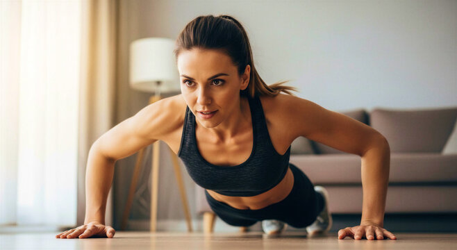 Woman resting between pushups at home in athletic outfit  