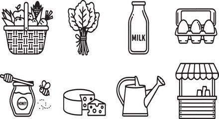 A variety of fresh produce and farm items depicted in simple line drawings Vector