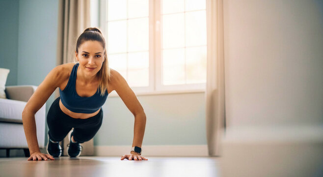 Woman resting between pushups at home in modern living room  