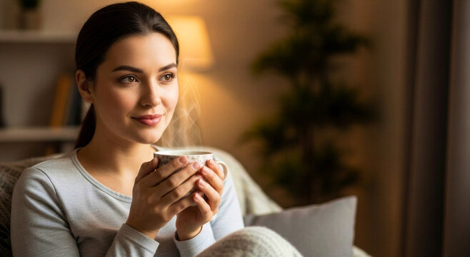 Young woman enjoying chamomile tea while relaxing at home  