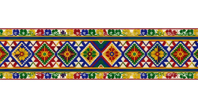 Traditional ethnic textile border with vibrant geometric diamond patterns and colorful embroidery on white background