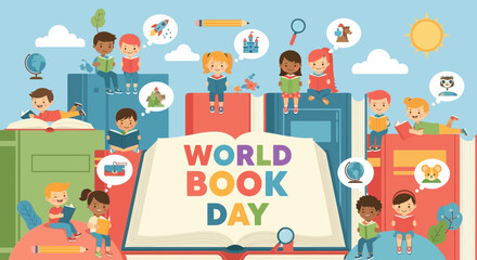 Obraz premium Children celebrating World Book Day with books and imagination