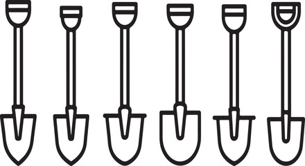 Seven black and white shovels lined up in a row on a white background. Vector © mahafuza