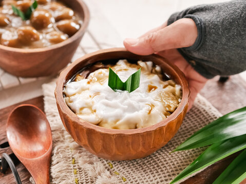 Bubur Sumsum, Indonesian javanese traditional sweet porridge.Made of rice flour,coconut milk,often served with candil and palm sugar syrup. Popular starter food for takjil or ifthaar in ramadhan