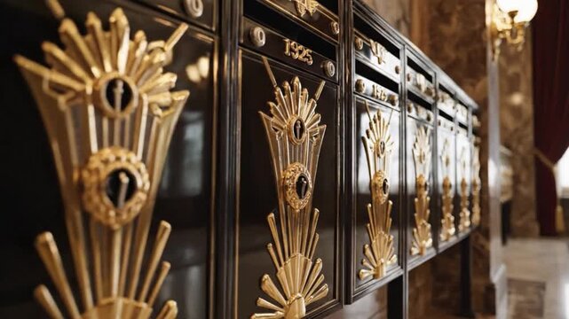 Ornate black and gold lockers with intricate designs stand in a row in a luxurious hallway with marble flooring and decorative lighting