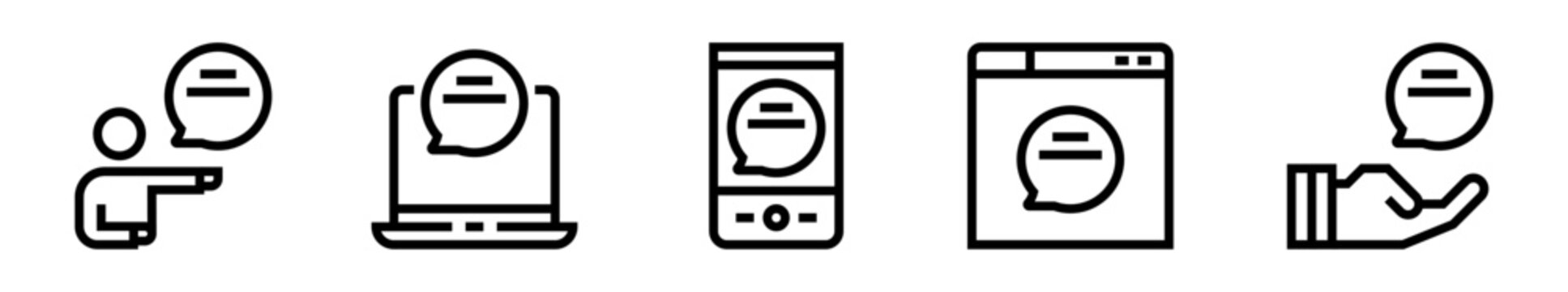 Conjunto de iconos de mensajes. Comunicaci&oacute;n digital, conexi&oacute;n digital, env&iacute;o de texto, interacci&oacute;n tecnol&oacute;gica, soporte virtual. Ilustraci&oacute;n vectorial lineal