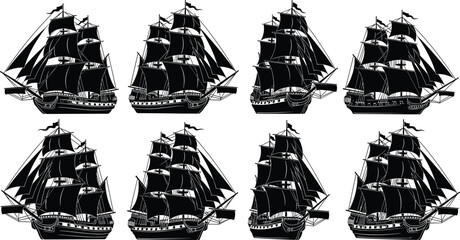 Black and white historic sailing ship silhouette collection featuring multiple tall ships with full sails, vintage maritime vector illustrations for nautical history, adventure,  © Samol
