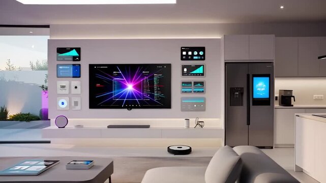 futuristic living room interior with a smart home system wall mounted touch control panels modern appliances minimalist furniture panoramic windows with a view of the evening garden