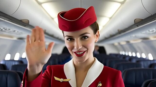 a smiling flight attendant in a red uniform and a cap waves her hand in the airplane cabin with rows of empty seats during a commercial flight