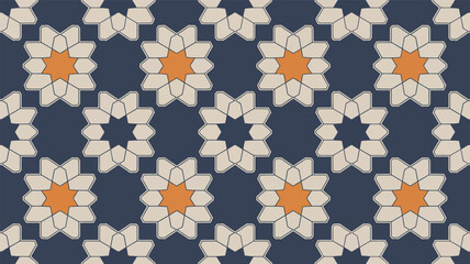 Seamless geometric pattern vector with intricate star and floral shapes in a repeating grid, featuring a dark blue background with light beige and orange accents, ideal for web backgrounds © pikcraft