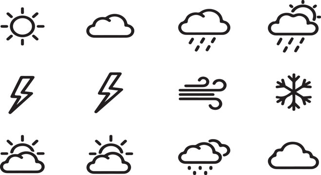 A collection of twelve weather icons depicting various weather conditions. Vector