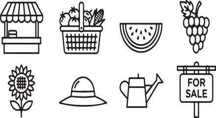 A collection of icons representing gardening and outdoor activities. Vector