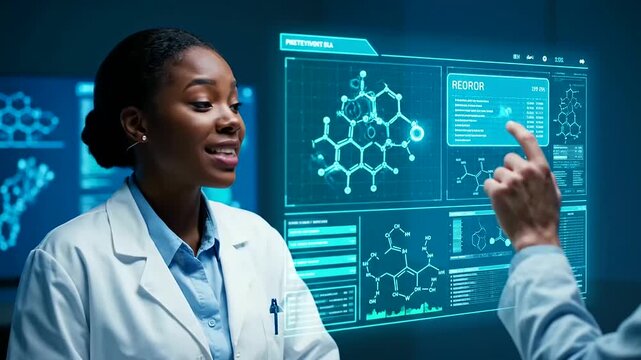 An African American scientist uses AI Drug Discovery, expertly analyzing molecular structures and data on a large, futuristic holographic screen for groundbreaking research.