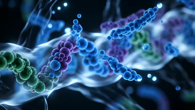 Visualizing the microscopic frontier, AI Drug Discovery explores complex genetic chains and biochemical reactions within a luminous, interconnected cellular network.