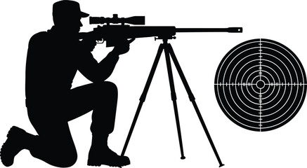 Black and white sniper silhouette illustration showing kneeling marksman aiming rifle with scope on tripod and target, tactical shooting concept vector for military training and sport shooting © Samol