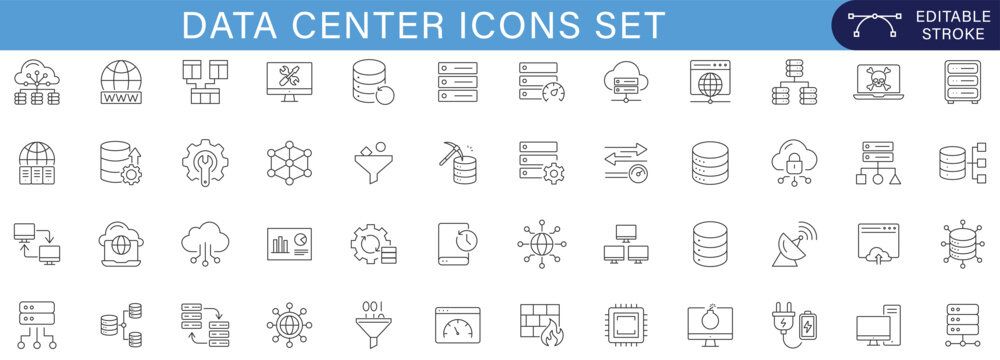Modern data center and cloud computing icons set featuring server, database, cybersecurity, hosting, monitoring, and network infrastructure concepts in clean outline style.