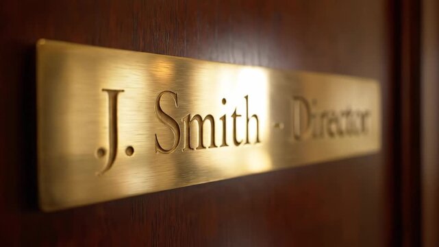 Brass Nameplate Sign for Director J. Smith on Wooden Door.