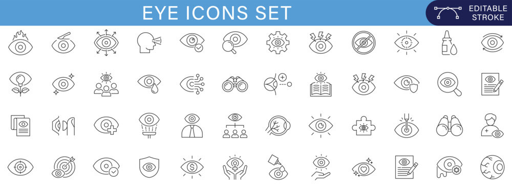 Modern eye icons set with editable stroke featuring vision, optometry, security, medical, biometric, and observation concepts in clean linear style.
