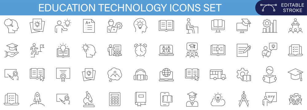 Modern education technology icons collection featuring e-learning, digital classroom tools, university elements, research, innovation, and online training concepts. Clean minimal symbols ideal for web