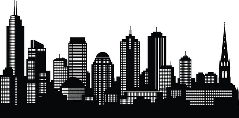 Black City Skyline Silhouette Vector Illustration, Modern and Historic Urban Downtown Panorama, Tall Skyscraper Buildings, Corporate Financial District Architecture, Metropolis Background Graphic