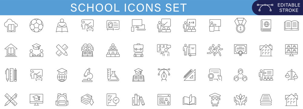 Modern school and education icon collection with editable stroke design. Perfect for classroom, academic, e-learning, web, mobile app, presentation and educational materials.