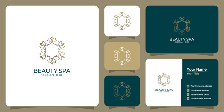 Sophisticated geometric floral hexagonal logo design for a premium beauty spa, wellness center, or cosmetic brand, showcasing elegant identity mockups