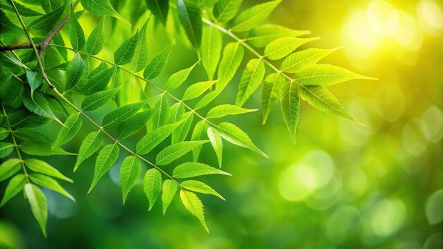 A photo of blurred green neem tree leaves against a green blurred background during spring