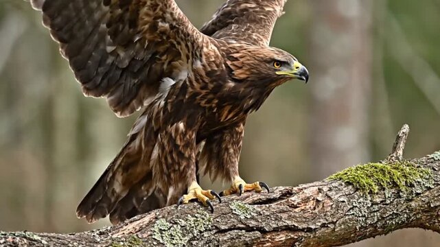 A magnificent brown raptor, a majestic bird of prey, perches powerfully on a moss-covered tree branch with its impressive wings spread wide, showcasing its intricate plumage. Its sharp talons firmly g