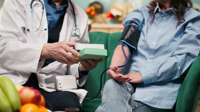 Aged senior patient, blood pressure device, doctor home visit, woman measuring blood pressure and pulse with physician during home care services. Medical BP monitor to check vital signs.