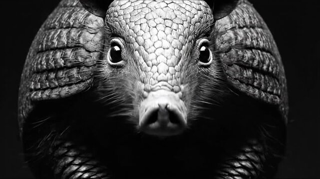 A close-up, high-contrast, black and white image focuses on the head of an armored animal