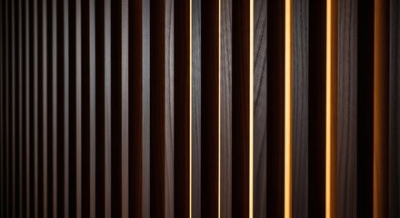 Obraz premium Luxurious dark walnut wood slatted wall panel with integrated hidden warm LED lighting.