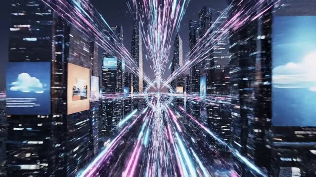 Futuristic city with high-tech buildings and dynamic light trails, digital world view