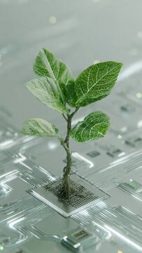Sustainable technology concept with green plant growing on microchip