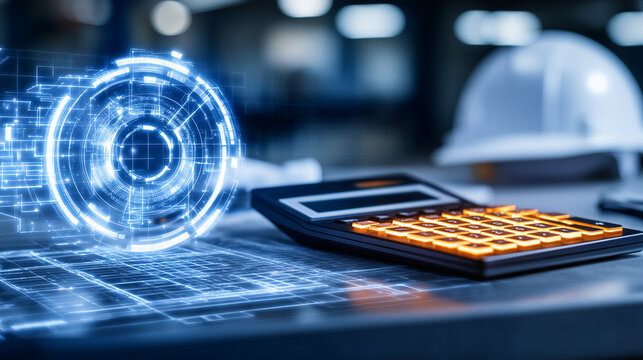 Calculator with digital engineering interface and hard hat representing construction cost planning and smart estimation.
